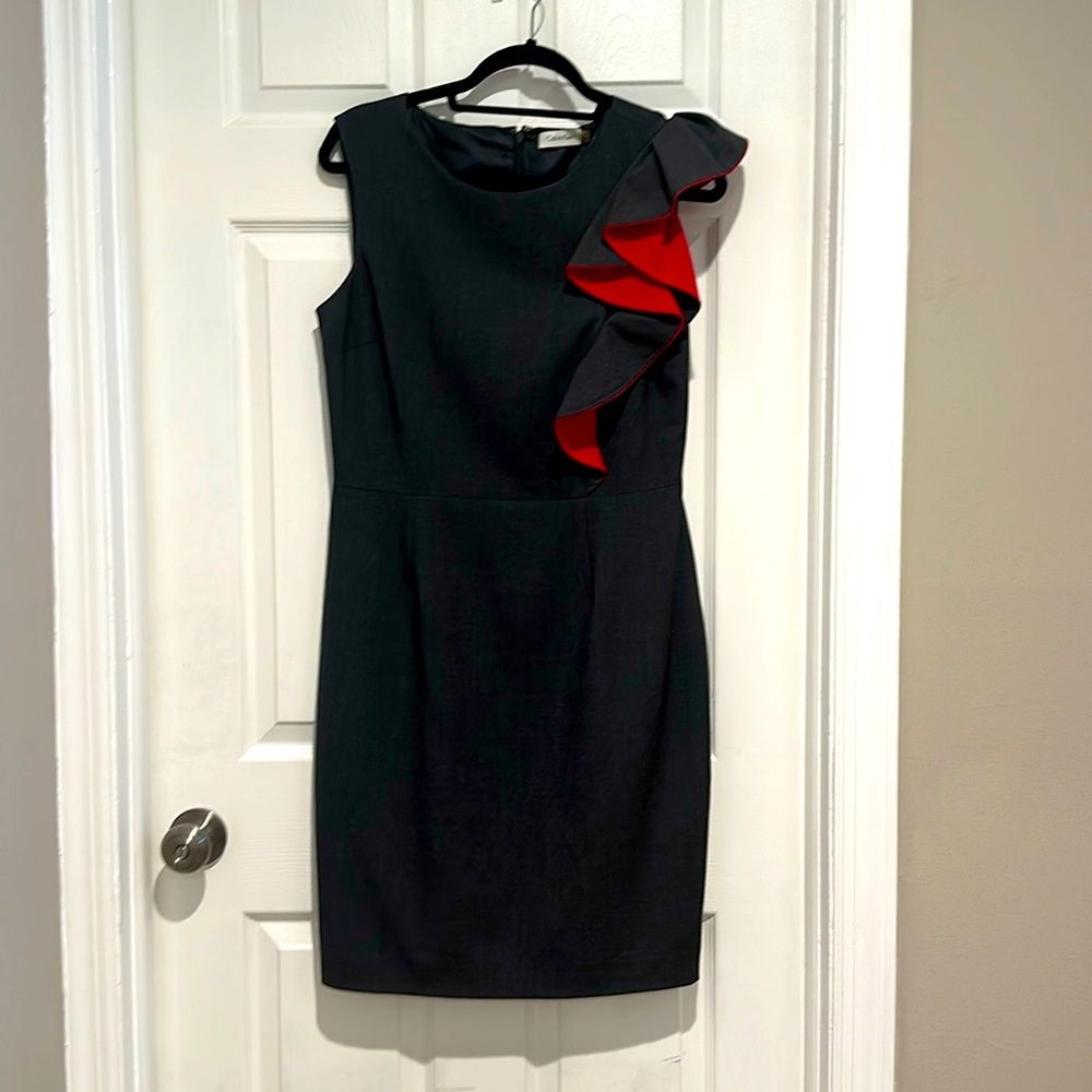 Calvin Klein Sheath Dress Red Ruffle Detail Sleeveless Statement Cocktail Dress